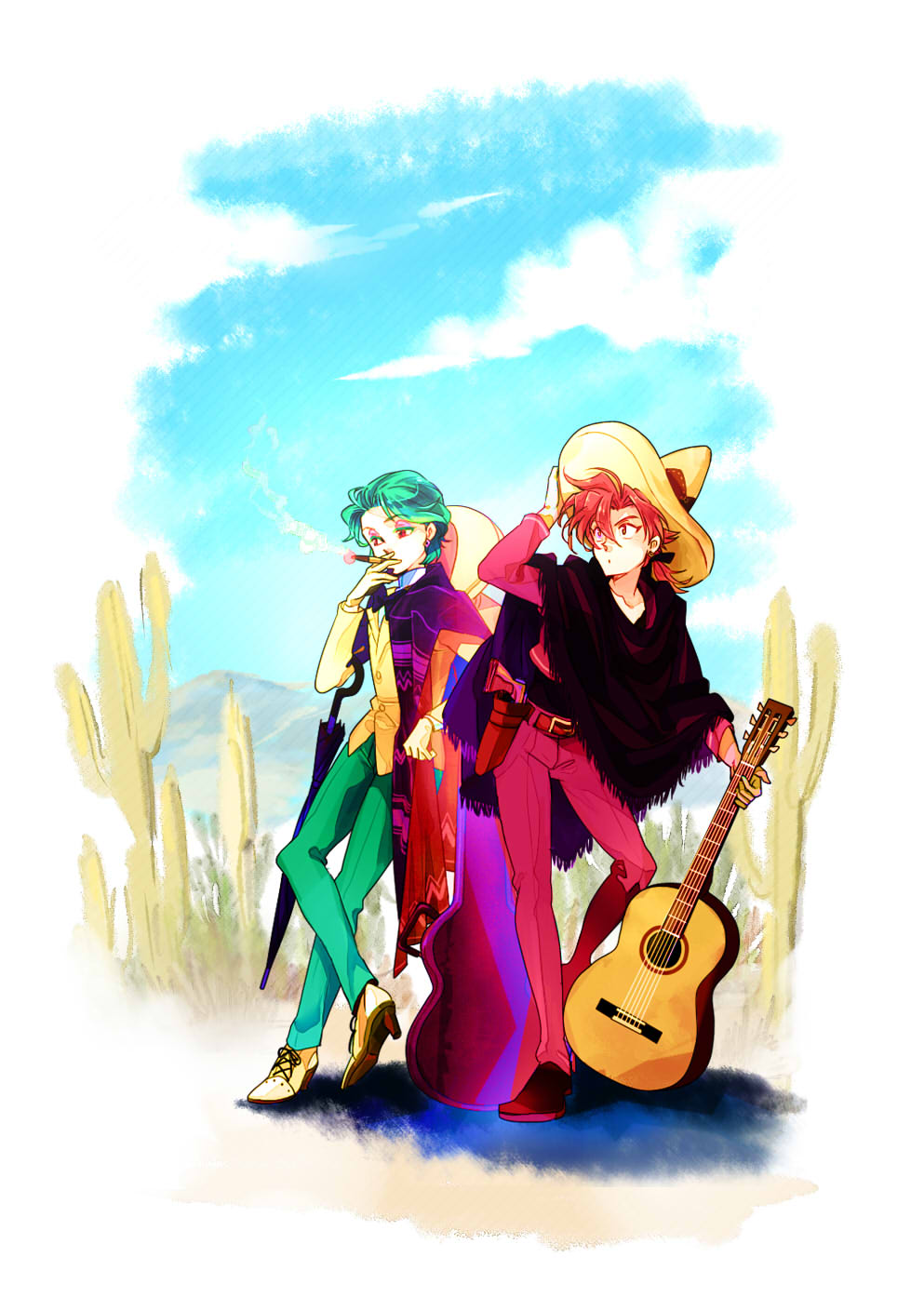 tsuntsun (tuuuuuuntun), jose carioca, panchito pistoles, mickey mouse & friends, the three caballeros, highres, 2girls, bow, bowtie, green hair, hat, humanization, jacket, long sleeves, looking at viewer, male focus, multiple boys, multiple girls, open mouth, personification, red hair, shirt, short hair, smile, sombrero