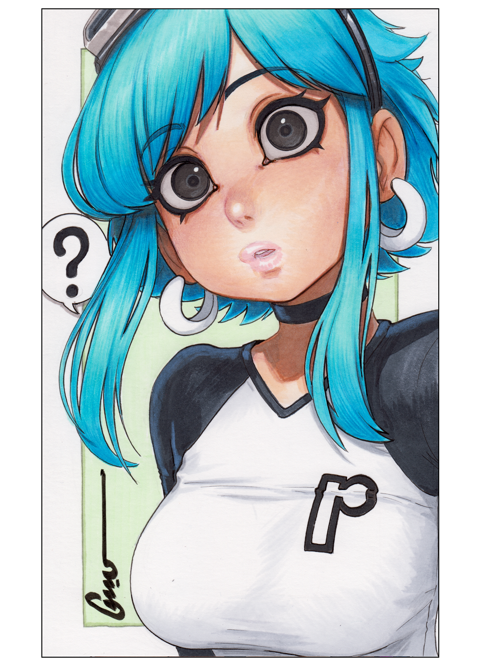 omar dogan, ramona flowers, scott pilgrim (series), commentary, english commentary, highres, marker (medium), traditional media, 1girl, ?, aqua hair, artist name, black choker, black eyes, black shirt, border, breasts, choker, earrings, eyelashes, goggles, goggles on head, green background, head tilt, hoop earrings, jewelry, lips, long sleeves, looking at viewer, medium breasts, nose, outside border, parted lips, pink lips, portrait, print shirt, raglan sleeves, shirt, short hair, short hair with long locks, sidelocks, signature, simple background, solo, speech bubble, spoken question mark, swept bangs, t-shirt, teeth, two-tone shirt, upper body, upper teeth only, v-neck, white border, white shirt