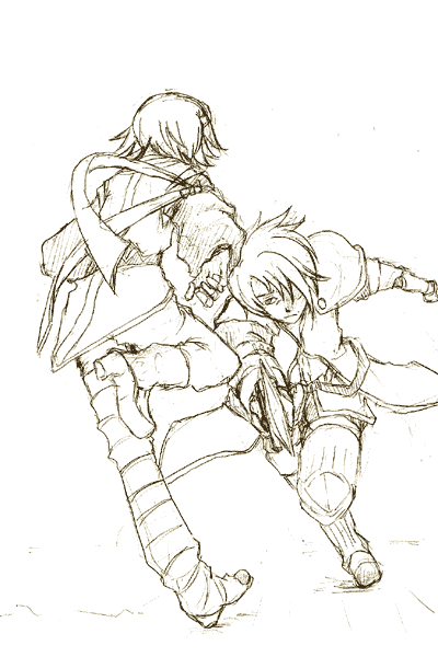 ameyuki, raven (tales), rita mordio, schwann oltorain, tales of (series), tales of vespera, tales of vesperia, spoilers, 00s, 1boy, 1girl, armor, battle, brown theme, gloves, high heels, monochrome, serious, shoes, short hair, sketch, sword, weapon