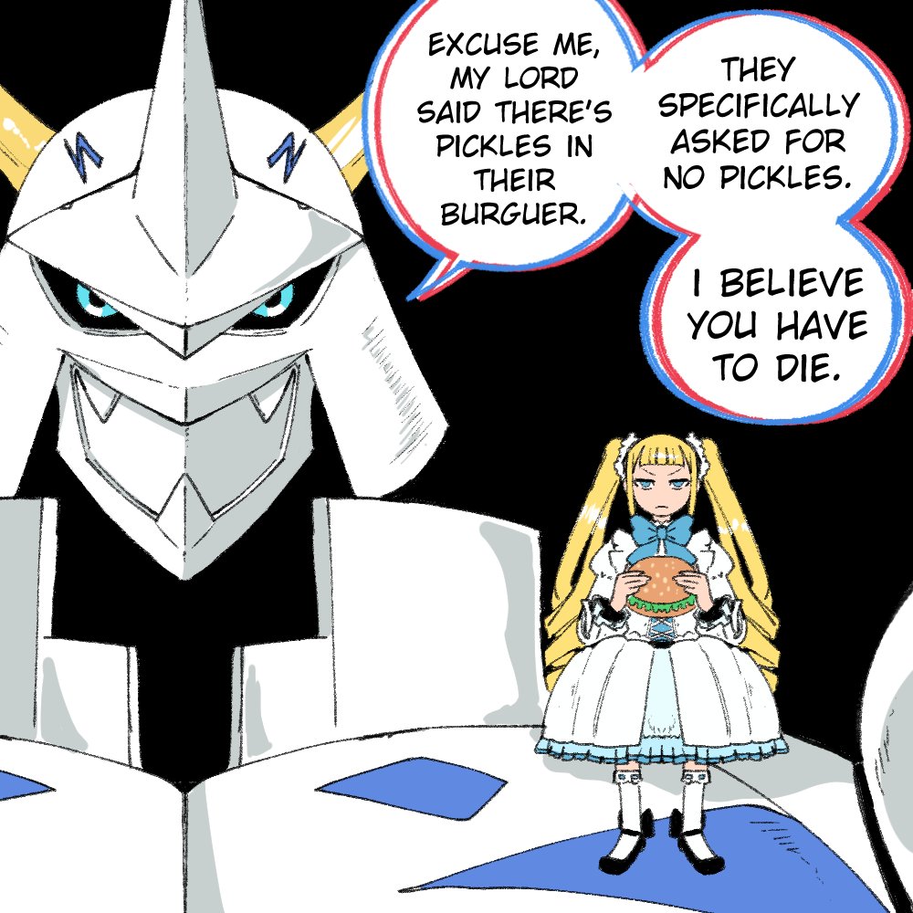 wanderjegson, omegamon, yggdrasill (digimon), digimon, digimon story: time stranger, 1girl, armor, artist name, blonde hair, digimon (creature), dress, english text, gothic lolita, holding, lolita fashion, long hair, looking at viewer, mecha, robot, simple background, spikes, white armor