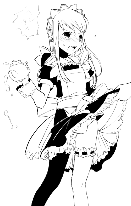 koga norio, narutaru, 1boy, bulge, crossdressing, crossdressing (mtf), greyscale, maid, male focus, male maid, monochrome, shota, solo, thighhighs, trap