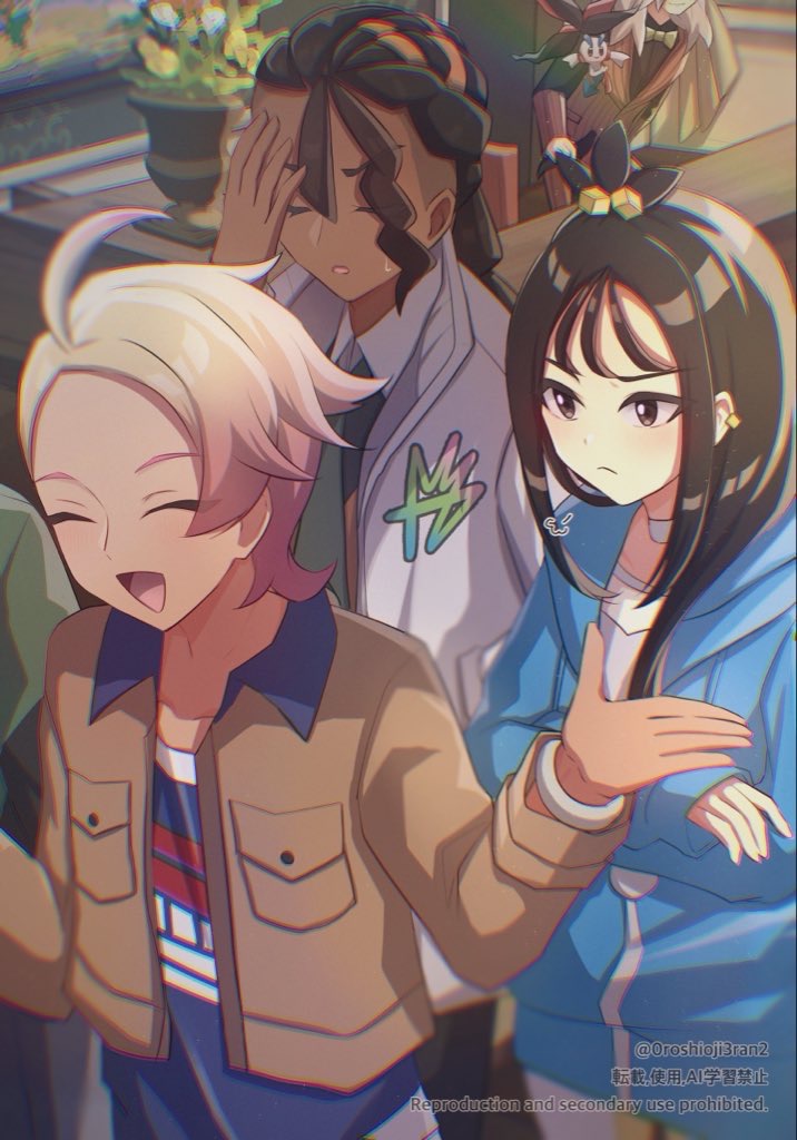 0roshioji3ran, az (pokemon), lida (pokemon), naveen (pokemon), urbain (pokemon), nintendo, pokemon, pokemon legends: z-a, commentary request, 1girl, 3boys, ahoge, black hair, blonde hair, blue hoodie, blue shirt, bracelet, breast pocket, brown jacket, choker, closed eyes, collared shirt, cube hair ornament, green necktie, hair ornament, hand up, hood, hoodie, jacket, jewelry, long hair, long sleeves, multiple boys, necktie, open clothes, open jacket, open mouth, pocket, shirt, sleeves past wrists, sweatdrop, topknot, watermark