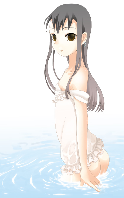 saikawa yusa, koga norio, narutaru, 1boy, ass, black hair, brown eyes, crossdressing, crossdressing (mtf), earrings, jewelry, long hair, male focus, nipples, off shoulder, shota, solo, trap, wading, water, white background