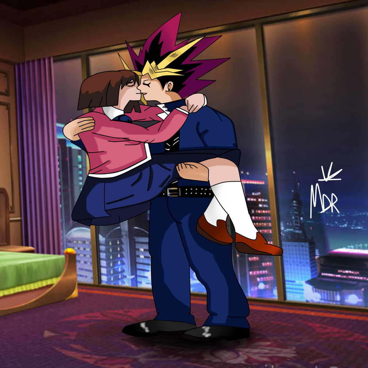 mazaki anzu, muto yugi, yu-gi-oh!, yu-gi-oh! duel monsters, highres, 1boy, 1girl, black hair, blonde hair, blue skirt, brown hair, carrying, carrying person, closed eyes, couple, domino high school uniform, long sleeves, maildanreseyes, princess carry, school uniform, skirt, socks, white socks