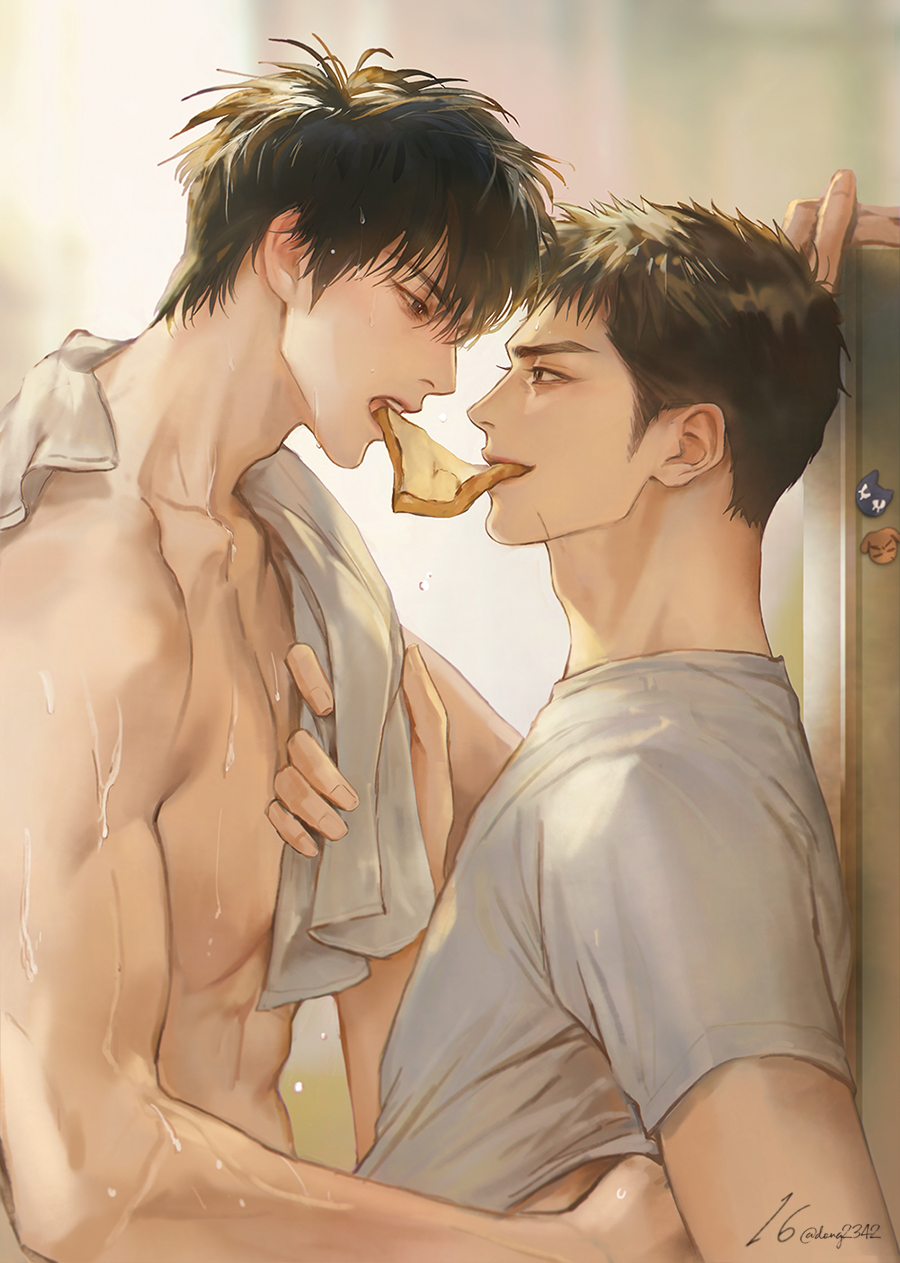 dong2342, mitsui hisashi, rukawa kaede, slam dunk (series), commentary request, highres, korean commentary, 2boys, against locker, biceps, black hair, bread, bread slice, eye contact, eyelashes, food, food in mouth, from side, hand on another's back, looking at another, male focus, mouth hold, multiple boys, nude, shared food, shirt, short hair, sideburns, teeth, towel, towel around neck, twitter username, upper body, upper teeth only, wet, white shirt