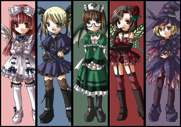 casper (deathsmiles), follett (deathsmiles), rosa (deathsmiles), sakura (deathsmiles), windia (deathsmiles), cave (developer), deathsmiles, frilled legwear, jpeg artifacts, 5girls, angel wings, bat wings, belt, blonde hair, blue eyes, boots, bow, brown hair, butterfly wings, chain, choker, column lineup, dragon wings, dress, feathers, flower, frills, garter straps, glasses, gothic lolita, hat, insect wings, lolita fashion, long hair, multiple girls, pink hair, red eyes, ribbon, short hair, skirt, thighhighs, twintails, wings, witch, witch hat, zettai ryouiki