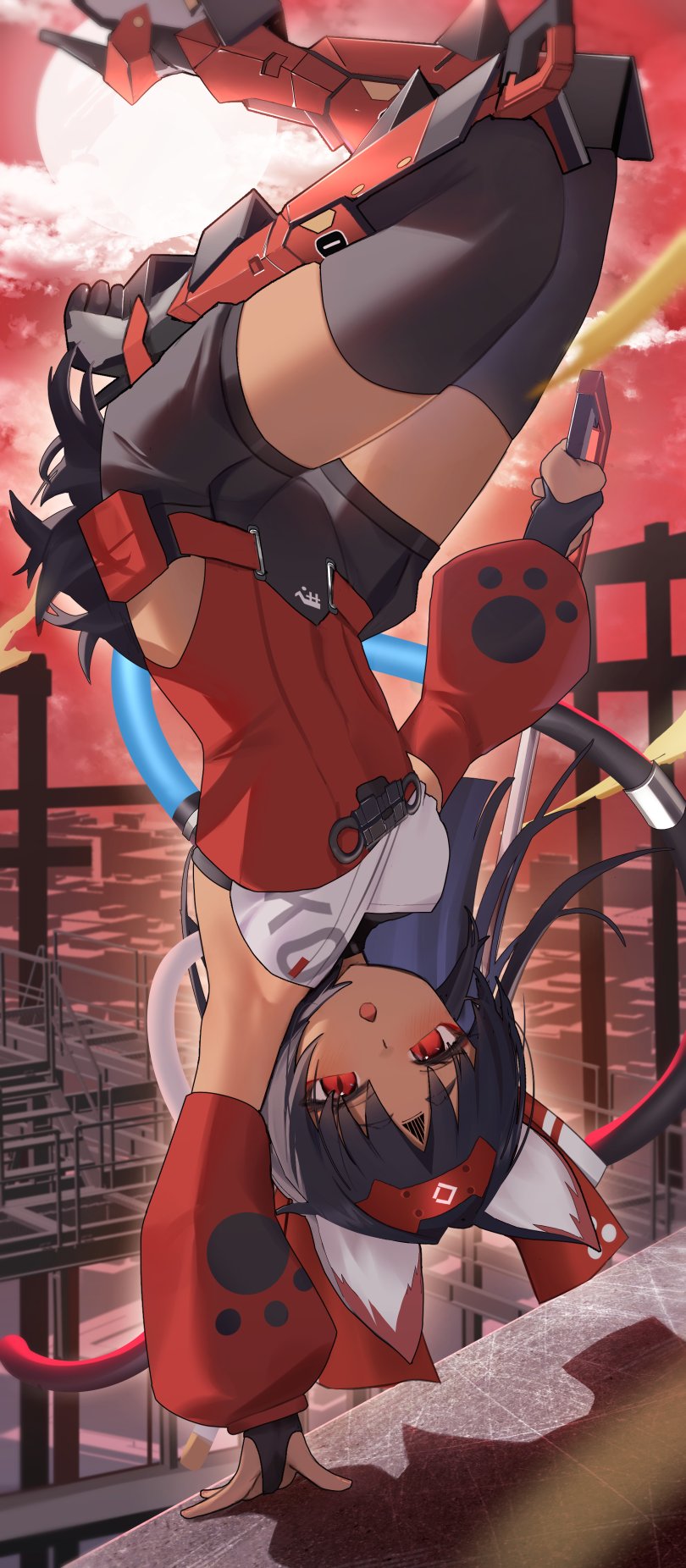 thomas 8000, nekomiya mana, zenless zone zero, commentary request, highres, 1girl, animal ear fluff, animal ears, armpits, barcode, barcode tattoo, bare shoulders, belt pouch, black hair, black shorts, black thighhighs, building, cable, cable tail, cat ears, cat girl, cat tail, cloud, construction site, corset, facial mark, fence, forehead mark, forehead tattoo, gloves, hairband, half gloves, handstand, holding, holding weapon, leg armor, long hair, looking at viewer, mechanical tail, moon, multiple tails, one arm handstand, open mouth, partially fingerless gloves, paw print, pouch, red corset, red eyes, red hairband, red sky, red sleeves, shorts, sky, solo, tail, tattoo, thighhighs, triangle, triangle facial mark, two tails, upside-down, weapon