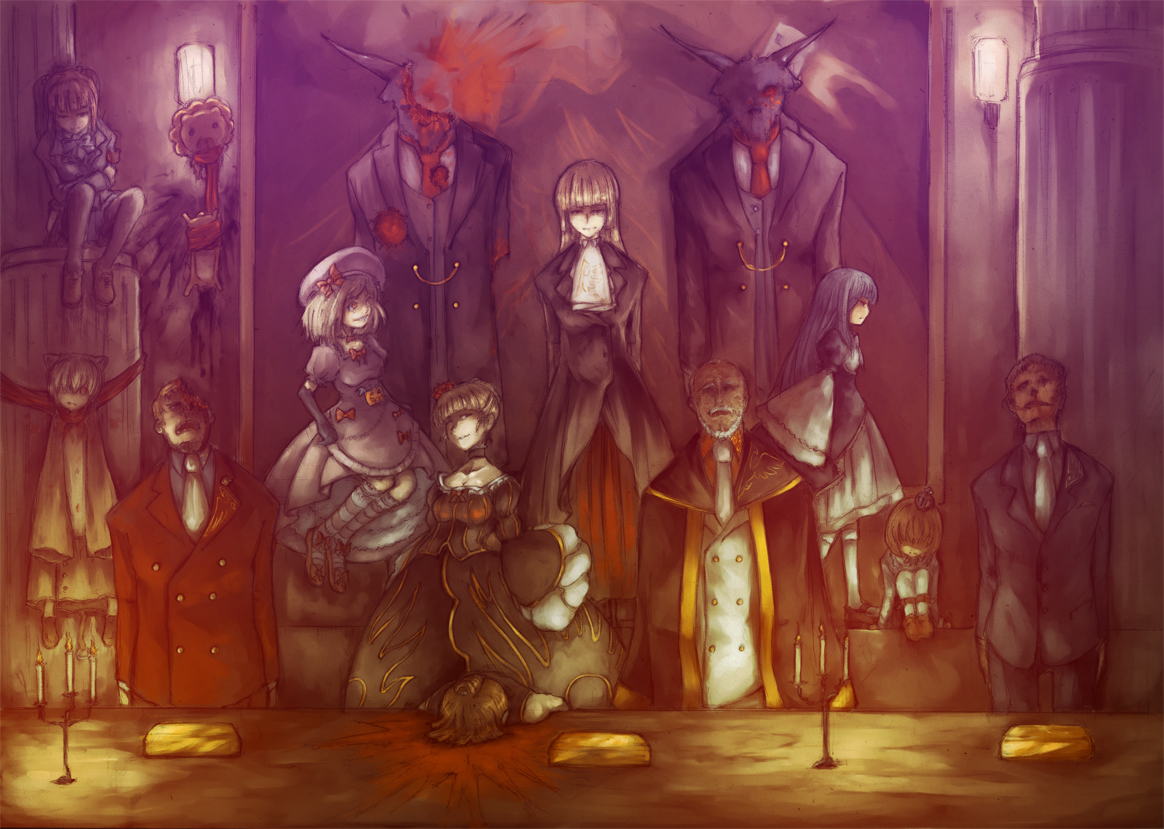 yomichi, beatrice (umineko), frederica bernkastel, goatman (umineko), lambdadelta, sakutarou (umineko), ushiromiya ange, ushiromiya eva, ushiromiya kinzou, ushiromiya krauss, ushiromiya maria, ushiromiya rosa, ushiromiya rudolf, 07th expansion, no naku koro ni (series), umineko no naku koro ni, 00s, 6+girls, androgynous, animal ears, blonde hair, blood, child, corpse, dark, death, multiple girls