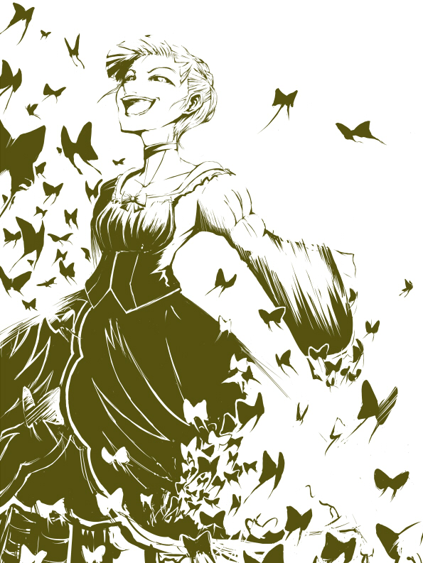 yomichi, beatrice (umineko), umineko no naku koro ni, 00s, 1girl, brown theme, bug, butterfly, choker, female focus, insect, monochrome, solo