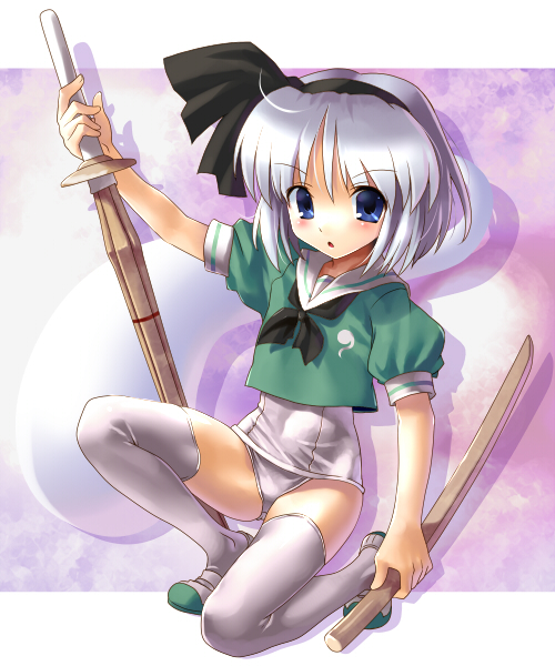 katahira masashi, konpaku youmu, konpaku youmu (ghost), touhou, silver hair, 1girl, blue eyes, bokken, child, dual wielding, female focus, full body, hairband, hitodama, holding, no pants, one-piece swimsuit, ribbon, school swimsuit, shinai, solo, swimsuit, swimsuit under clothes, sword, thighhighs, weapon, white one-piece swimsuit, white school swimsuit, wooden sword