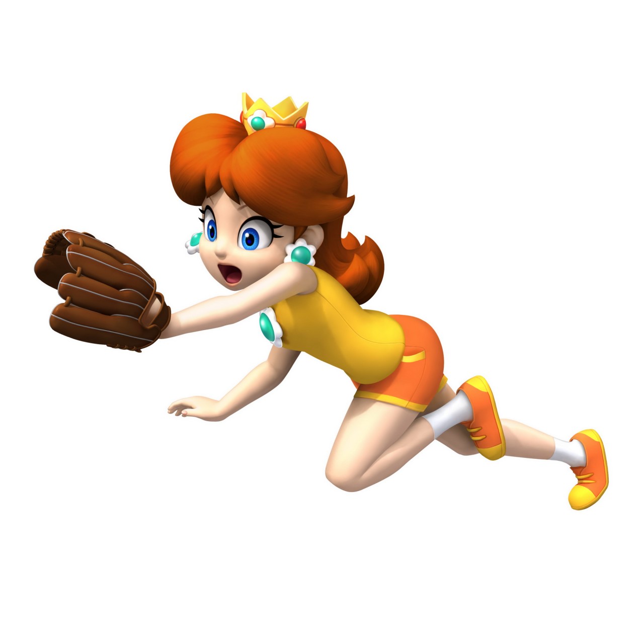 princess daisy, mario (series), nintendo, super mario bros. 1, super mario land, highres, official art, 1girl, 3d, :o, baseball glove, blue eyes, crown, female focus, full body, open mouth, orange hair, running, shorts, simple background, solo, white background