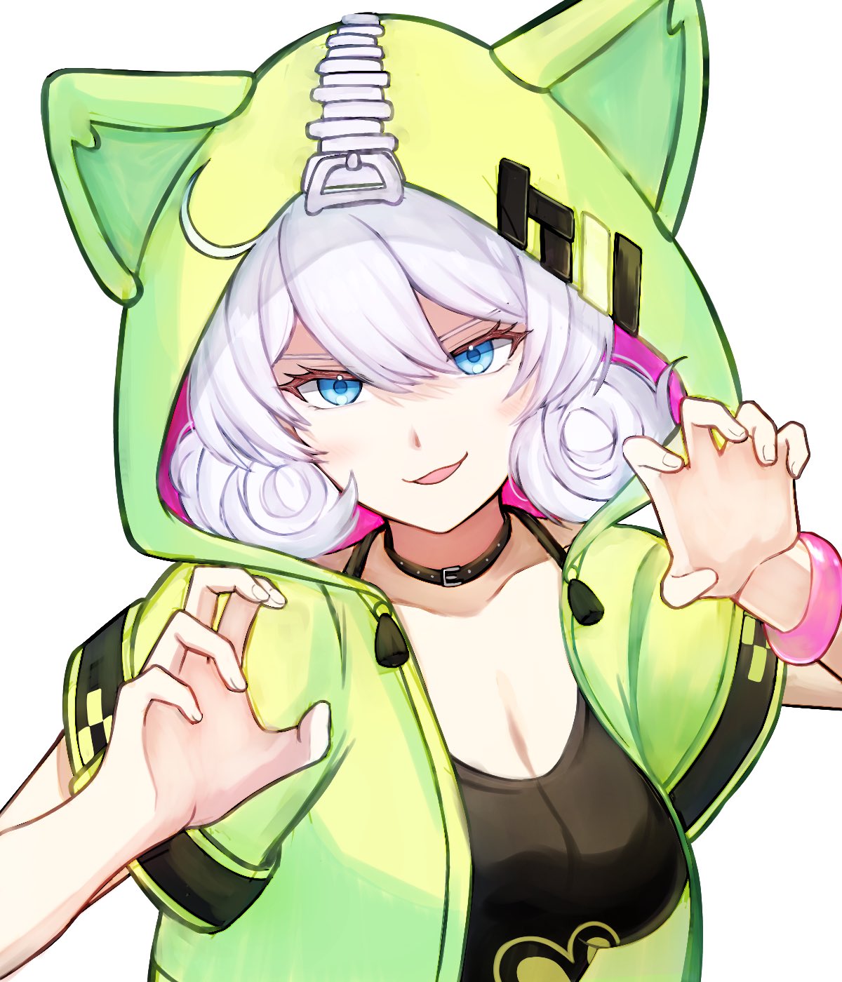 kiana kaslana, kiana kaslana (knight moonbeam), kiana kaslana (lemon soda), honkai (series), honkai impact 3rd, commentary request, highres, 1girl, animal hood, black choker, blue eyes, bracelet, breasts, cat hood, choker, cleavage, heiwaninetaina, hood, jewelry, looking at viewer, medium breasts, medium hair, official alternate costume, parted lips, paw pose, simple background, solo, tank top, white background, white hair, white tank top