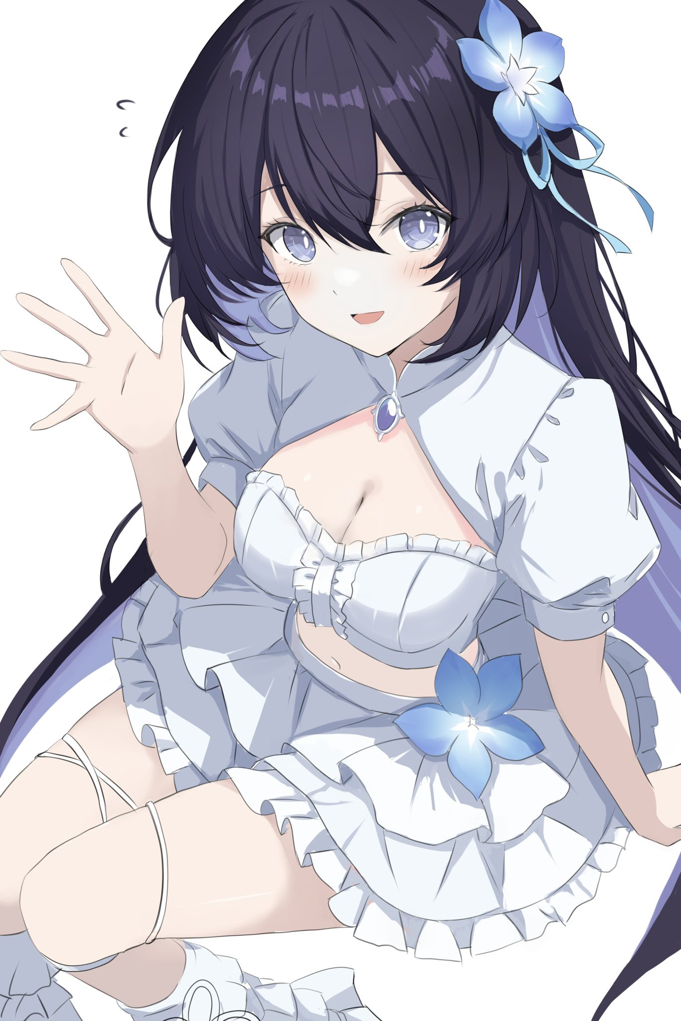 unifox0123, seele vollerei, seele vollerei (herrscher of rebirth), honkai (series), honkai impact 3rd, commentary, highres, symbol-only commentary, 1girl, alternate costume, black hair, blue eyes, blue hair, breasts, cleavage, crop top, flower, hair flower, hair ornament, long hair, looking at viewer, medium breasts, midriff, navel, shrug (clothing), simple background, skirt, solo, thighs, very long hair, white background, white skirt