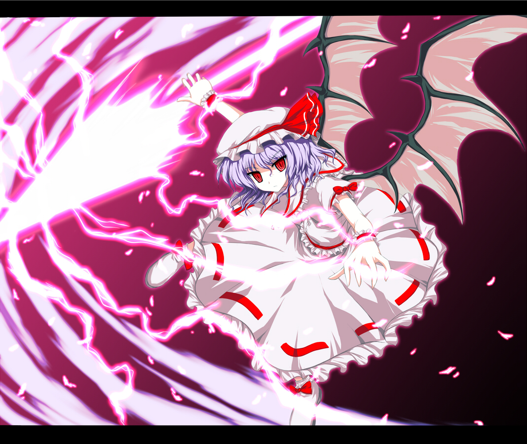 isa, remilia scarlet, touhou, bad id, bad pixiv id, 1girl, bat wings, blue hair, female focus, hat, hat ribbon, letterboxed, red eyes, ribbon, skirt, solo, spear the gungnir, wings