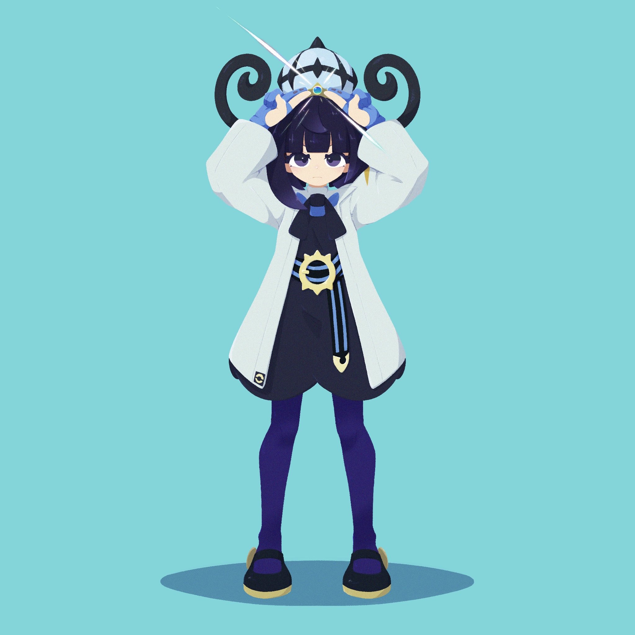 afuron, gwynn (pokemon), nintendo, pokemon, pokemon legends: z-a, commentary request, highres, 1girl, arms up, black hair, black ribbon, black shoes, blue gloves, blunt bangs, closed mouth, coat, full body, gloves, grey eyes, hat, long hair, looking at viewer, neck ribbon, open clothes, open coat, pantyhose, partially fingerless gloves, ribbon, shoes, solo, standing