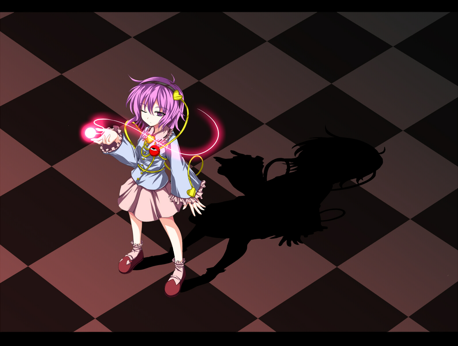 isa, komeiji satori, touhou, bad id, bad pixiv id, highres, 1girl, checkered floor, female focus, hairband, letterboxed, one eye closed, purple eyes, purple hair, shadow, shoes, skirt, socks, solo