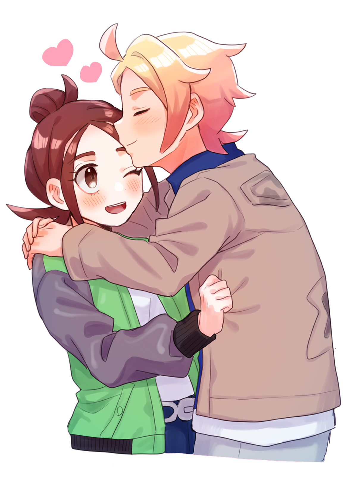 mochi (mocchi p 2m), harmony (pokemon), urbain (pokemon), nintendo, pokemon, pokemon legends: z-a, commentary request, highres, 1boy, 1girl, :d, ;d, ahoge, blonde hair, blue shirt, brown eyes, brown hair, brown jacket, eyelashes, green jacket, happy, heart, hetero, hug, jacket, one eye closed, open clothes, open jacket, open mouth, shirt, smile, teeth, tongue, upper teeth only, white shirt