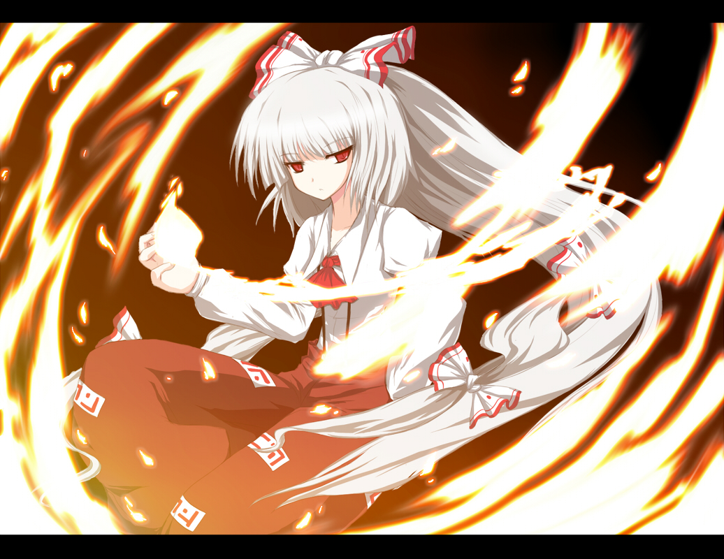 isa, fujiwara no mokou, touhou, bad id, bad pixiv id, 1girl, female focus, hair ribbon, letterboxed, red eyes, ribbon, solo, white hair
