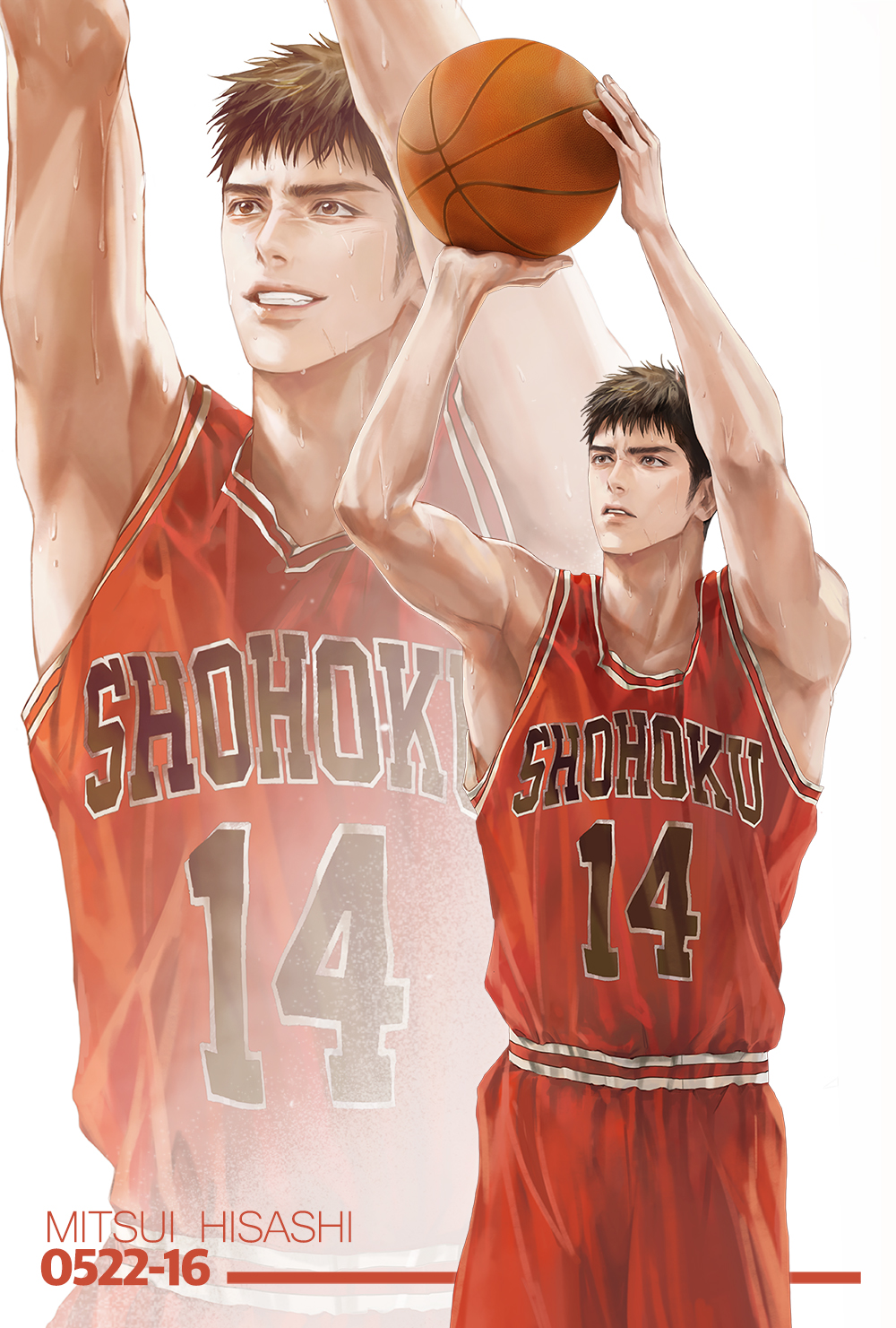 dong2342, mitsui hisashi, slam dunk (series), commentary, highres, 1boy, armpits, arms up, ball, basketball, basketball (object), basketball jersey, basketball shorts, basketball uniform, brown eyes, brown hair, character name, different zoom layer, holding above head, male focus, multiple views, nose, parted lips, red tank top, scar, scar on chin, scar on face, short hair, simple background, smile, sportswear, sweat, tank top, teeth, white background