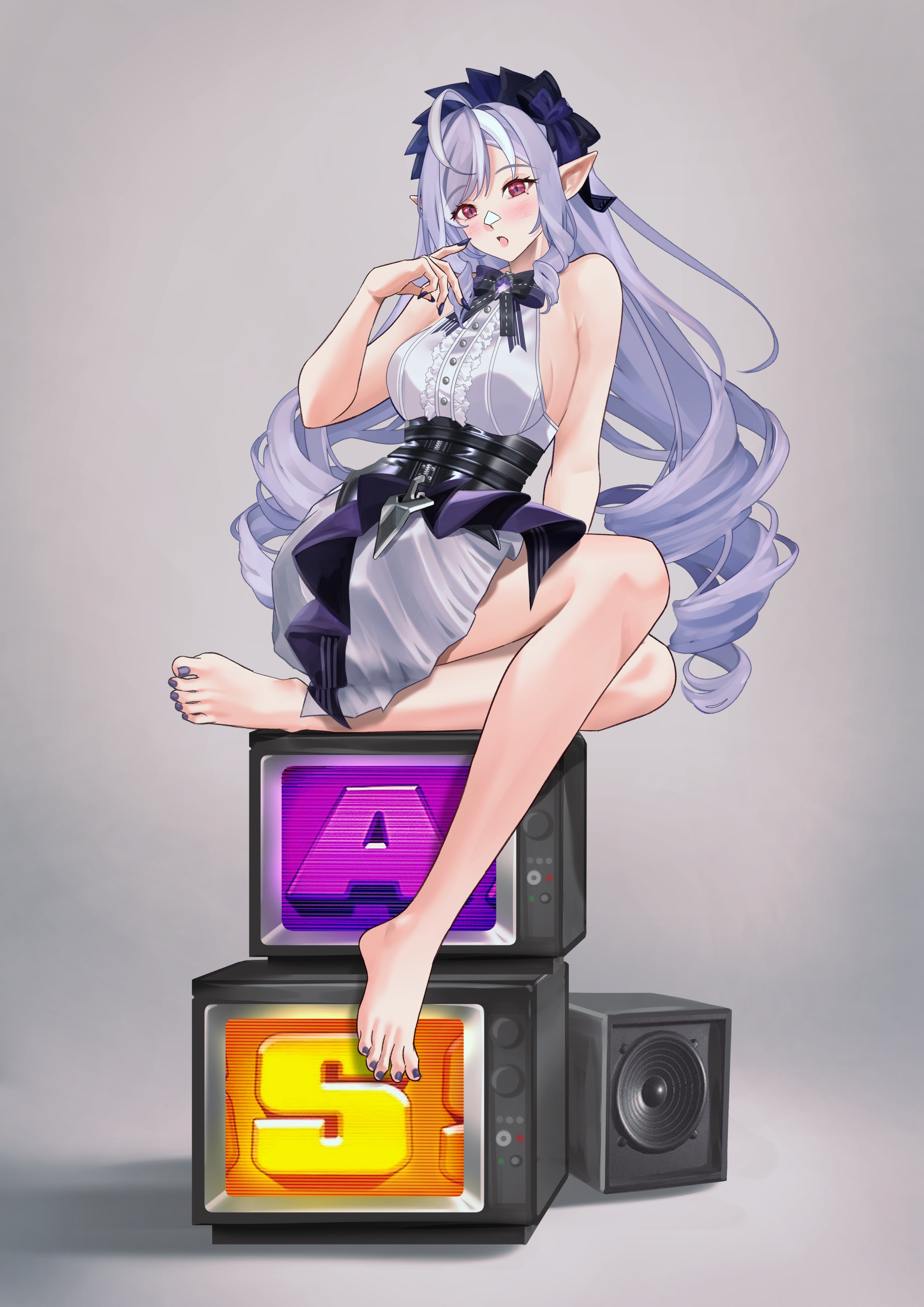meisaki, vivian banshee, zenless zone zero, absurdres, highres, 1girl, bare legs, barefoot, blush, bow, bowtie, center frills, drill hair, feet, frills, gem, grey background, hairband, knees together feet apart, legs, long hair, looking at viewer, mole, mole under eye, nail polish, open mouth, pointy ears, purple bow, purple bowtie, purple gemstone, purple hair, purple hairband, purple nails, red hair, shadow, shrug (clothing), sideboob cutout, sitting, solo, speaker, television, toenail polish, toenails, toes, white shrug