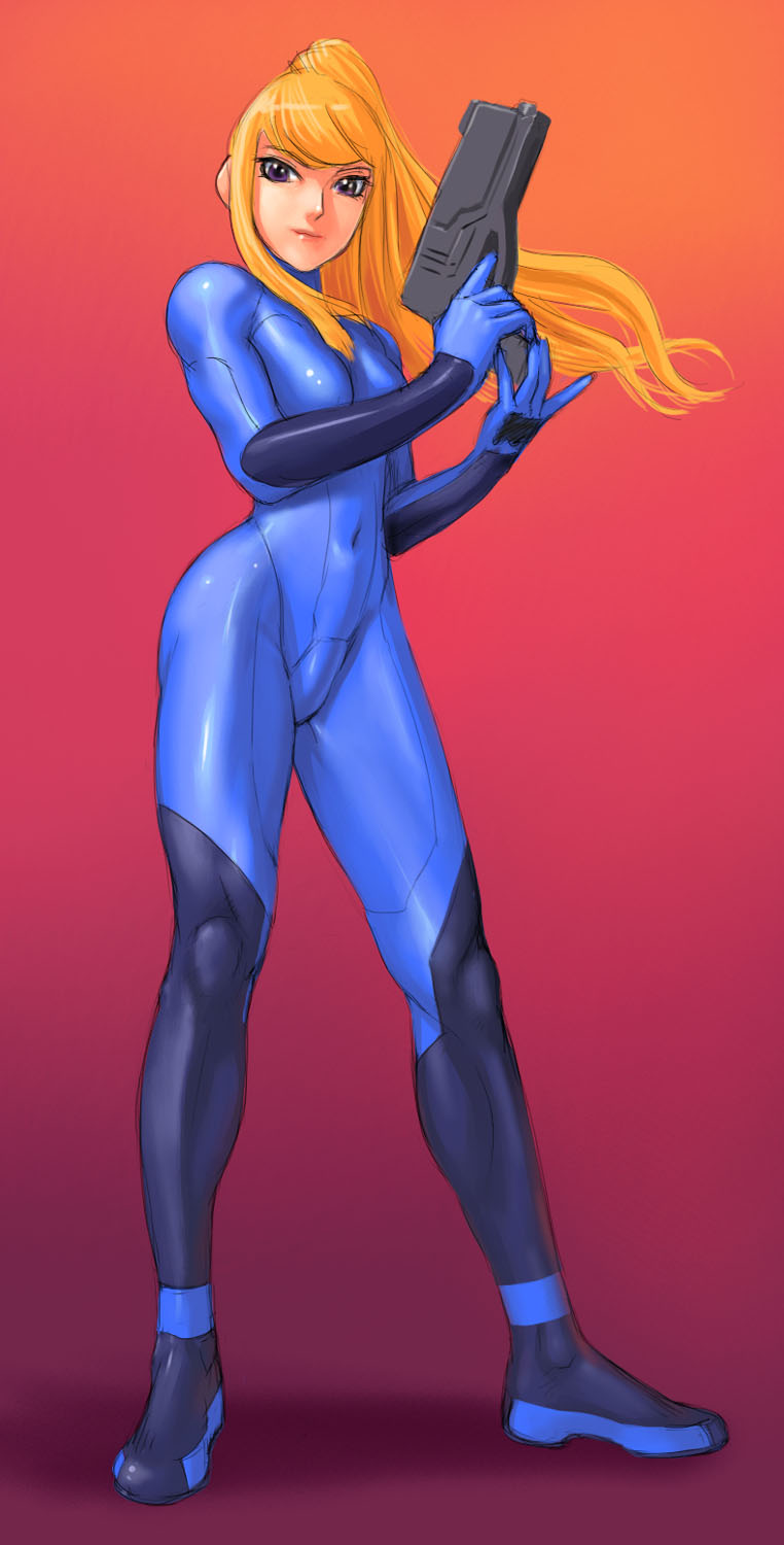 e-jin, samus aran, metroid, nintendo, highres, 1girl, blonde hair, bodysuit, female focus, gun, ponytail, purple eyes, solo, weapon, zero suit