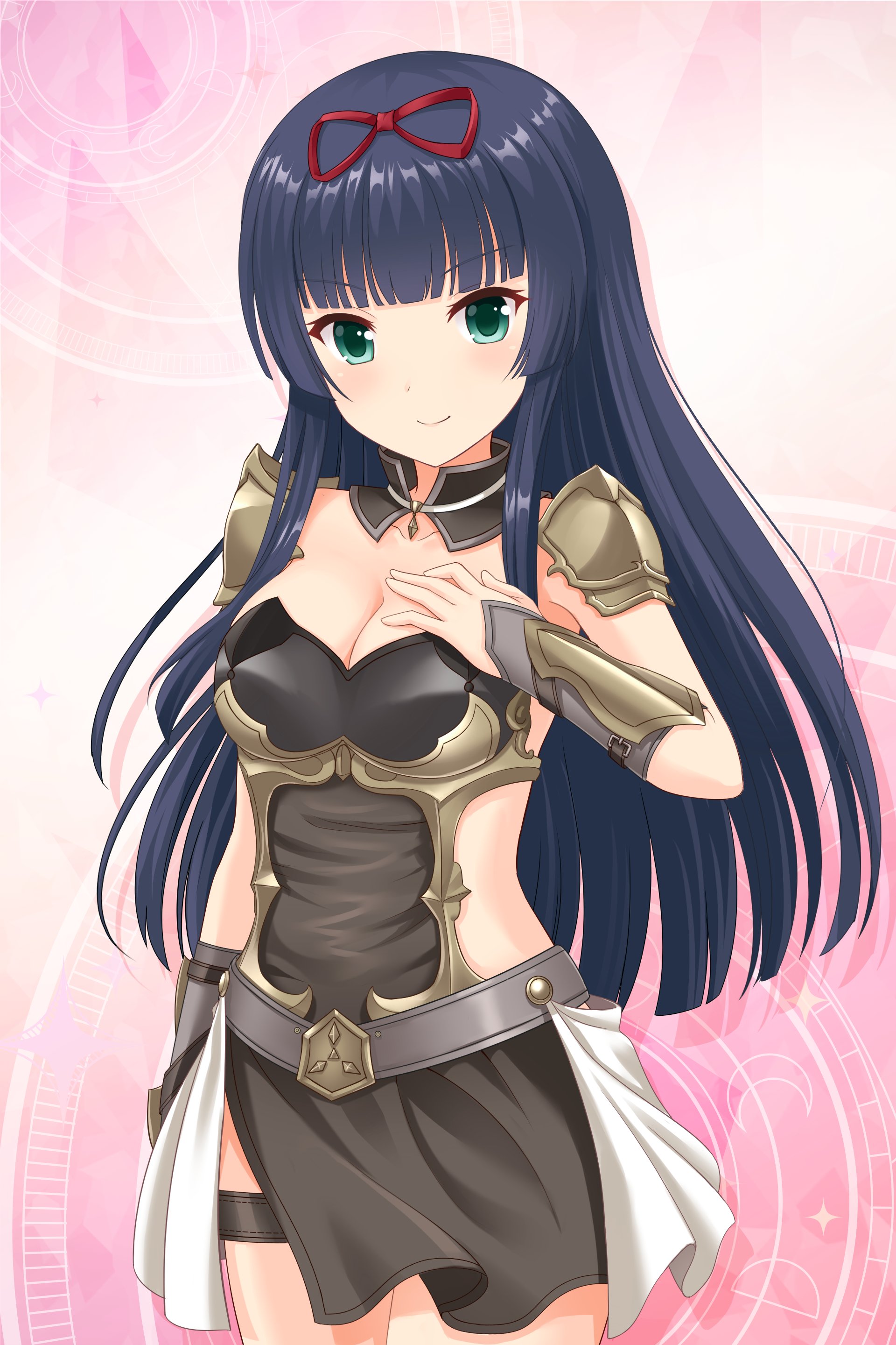 tendou machi, alternative girls, absurdres, commentary request, highres, official art, second-party source, 1girl, arm armor, armor, belt, belt buckle, black hair, blush, breastplate, breasts, brown belt, buckle, cleavage, closed mouth, clothing cutout, cowboy shot, detached collar, dot nose, green eyes, hair ribbon, hand on own chest, hime cut, long hair, looking at viewer, medium breasts, pink background, red ribbon, ribbon, side cutout, smile, solo, straight hair