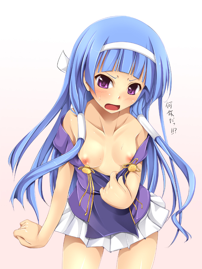 fct, sara da pranzo, sdp, nagi, kannagi, 00s, 1girl, angry, blue hair, blunt bangs, blush, breasts, female focus, hair tubes, hairband, long hair, pleated skirt, purple eyes, skirt, solo, sweat, white skirt