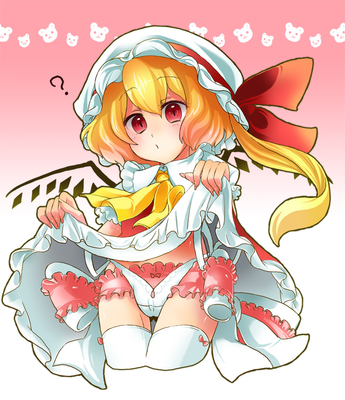 merue, flandre scarlet, touhou, 1girl, blonde hair, cameltoe, clothes lift, female focus, gradient background, hat, panties, red eyes, ribbon, side-tie panties, skirt, skirt lift, solo, thighhighs, underwear, white background, white panties