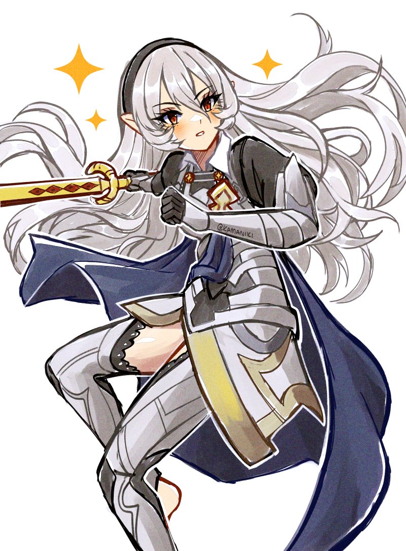 kamaniki, female corrin (fire emblem), fire emblem, fire emblem fates, nintendo, 1girl, armor, armored leotard, black hairband, blue cape, blush, breasts, cape, gloves, grey hair, hair between eyes, hairband, holding, holding sword, holding weapon, leotard, long hair, parted lips, pointy ears, red eyes, simple background, small breasts, solo, star (symbol), sword, thighs, weapon, white hair, yato (fire emblem)