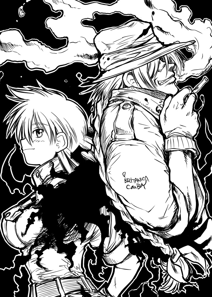 ippongui, sakaki imasato, pip bernardotte, seras victoria, hellsing, 1boy, 1girl, blush, breasts, cigarette, from side, gloves, greyscale, hat, hidden eyes, holding, large breasts, long hair, long sleeves, monochrome, pip bernadotte, profile, smoke, vampire