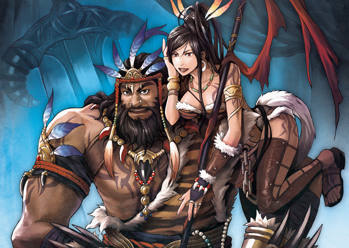 nanano ayano, original, bad id, bad pixiv id, 1boy, 1girl, beard, black hair, breasts, brown eyes, facial hair, feathers, jewelry, large breasts, tattoo