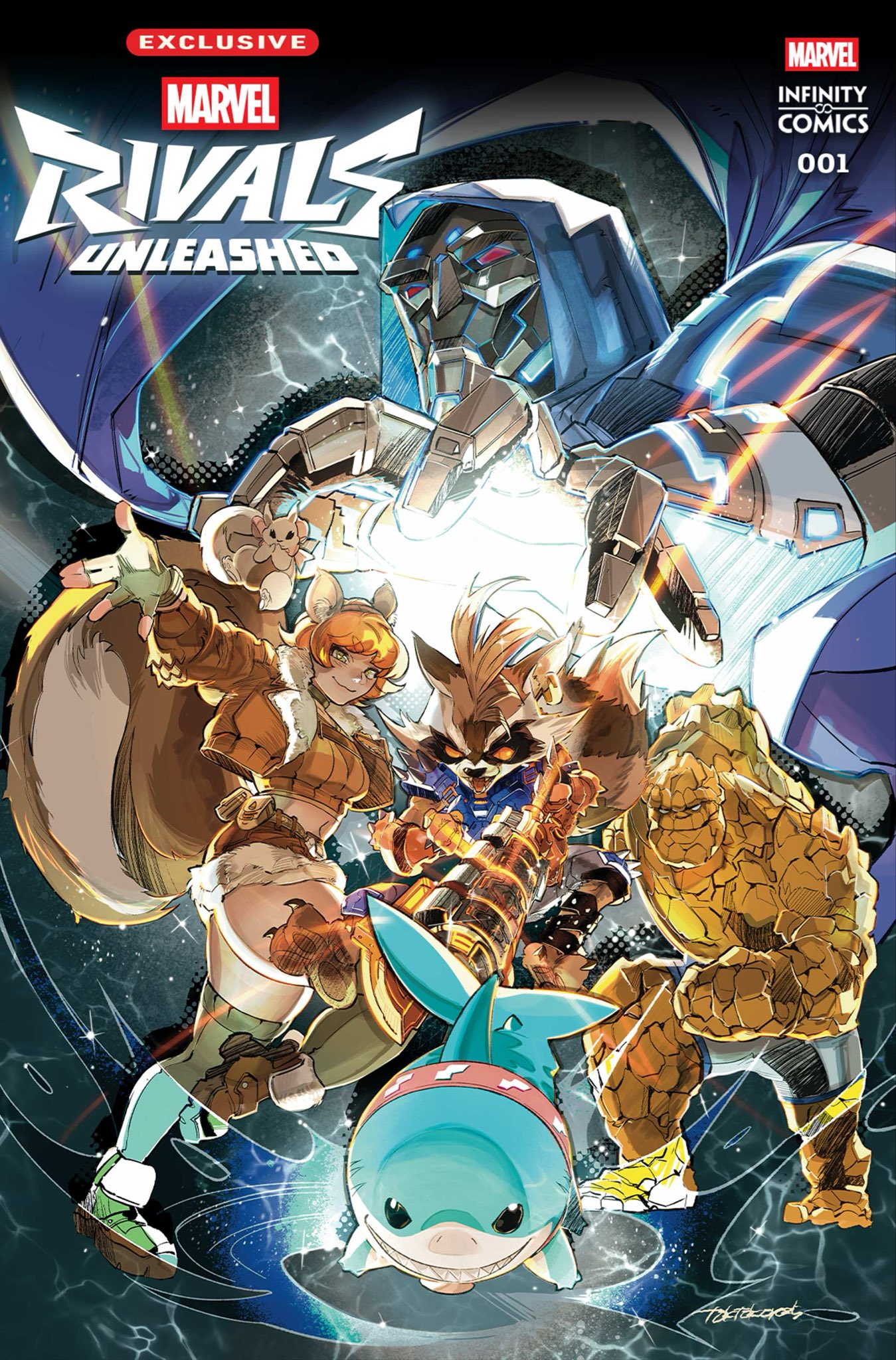 tokitokororo, ben grimm, doctor doom, jeff (marvel), rocket raccoon, squirrel girl (marvel), fantastic four, guardians of the galaxy, marvel, marvel rivals, highres, official art, animal ears, body freckles, breasts, brown hair, brown tail, cape, freckles, gloves, hood, jacket, large breasts, large tail, looking at viewer, shark, shark fin, short hair, smile, squirrel, squirrel ears, squirrel girl, squirrel tail, tail, thigh freckles, tippy-toe