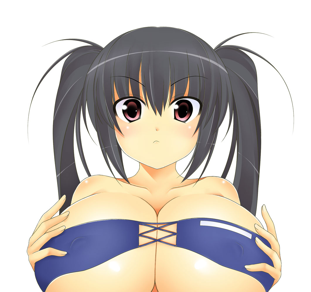 kyoku tou, kooh (pangya), pangya, 1girl, bare shoulders, black hair, blush, breasts, cleavage, collarbone, covered erect nipples, female focus, frown, huge breasts, looking at viewer, red eyes, simple background, solo, twintails, upper body, white background