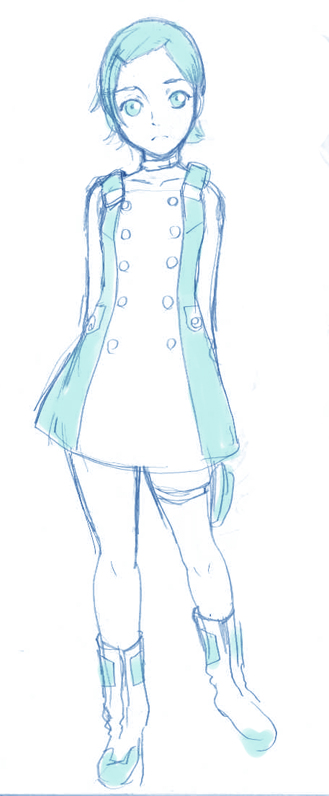 tamaki nozomu, eureka (eureka seven), eureka seven, eureka seven (series), 00s, 1girl, blue hair, blue theme, boots, collar, female focus, monochrome, short hair, simple background, sketch, solo, thigh strap