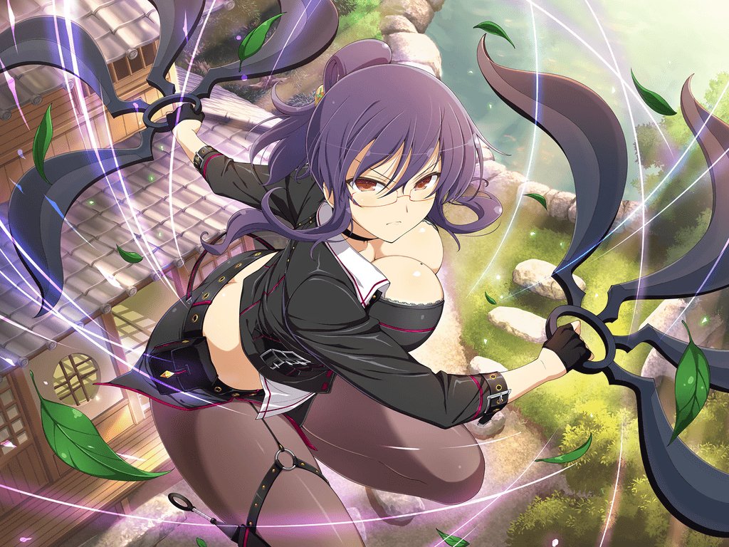 yaegashi nan, rin (senran kagura), senran kagura, senran kagura burst, official art, source request, 1girl, butt crack, purple hair, red eyes