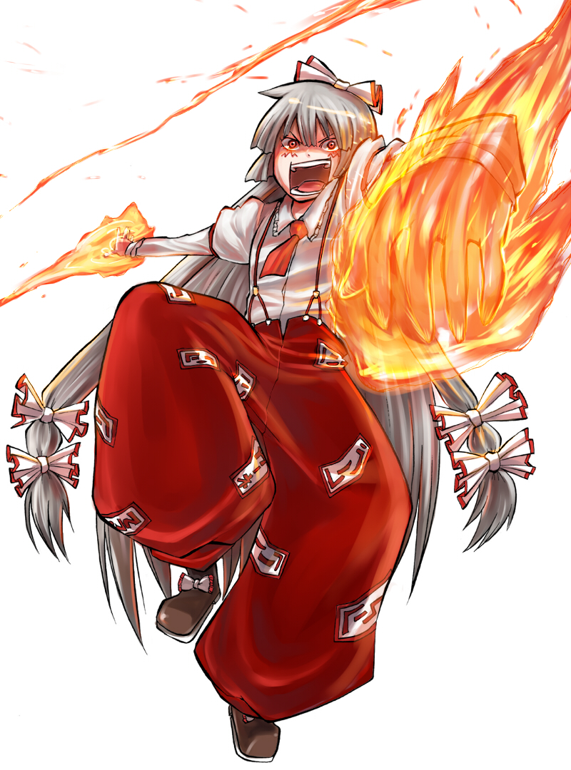 hitsuji bako, fujiwara no mokou, touhou, silver hair, 1girl, angry, female focus, fire, hair ribbon, long hair, ribbon, solo