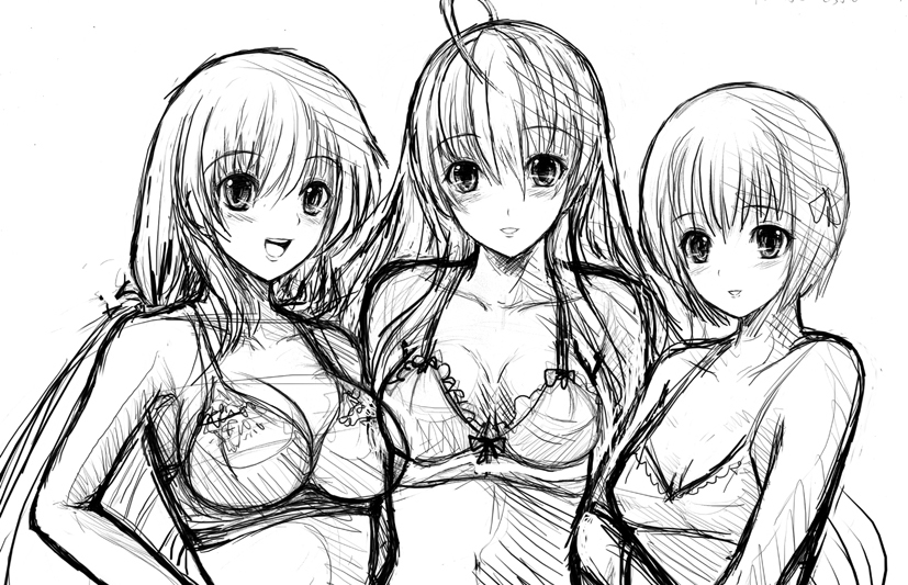 sadakofxe, original, bad id, bad pixiv id, 3girls, blush, bra, breasts, cleavage, greyscale, large breasts, lingerie, long hair, monochrome, multiple girls, short hair, sketch, smile, underwear