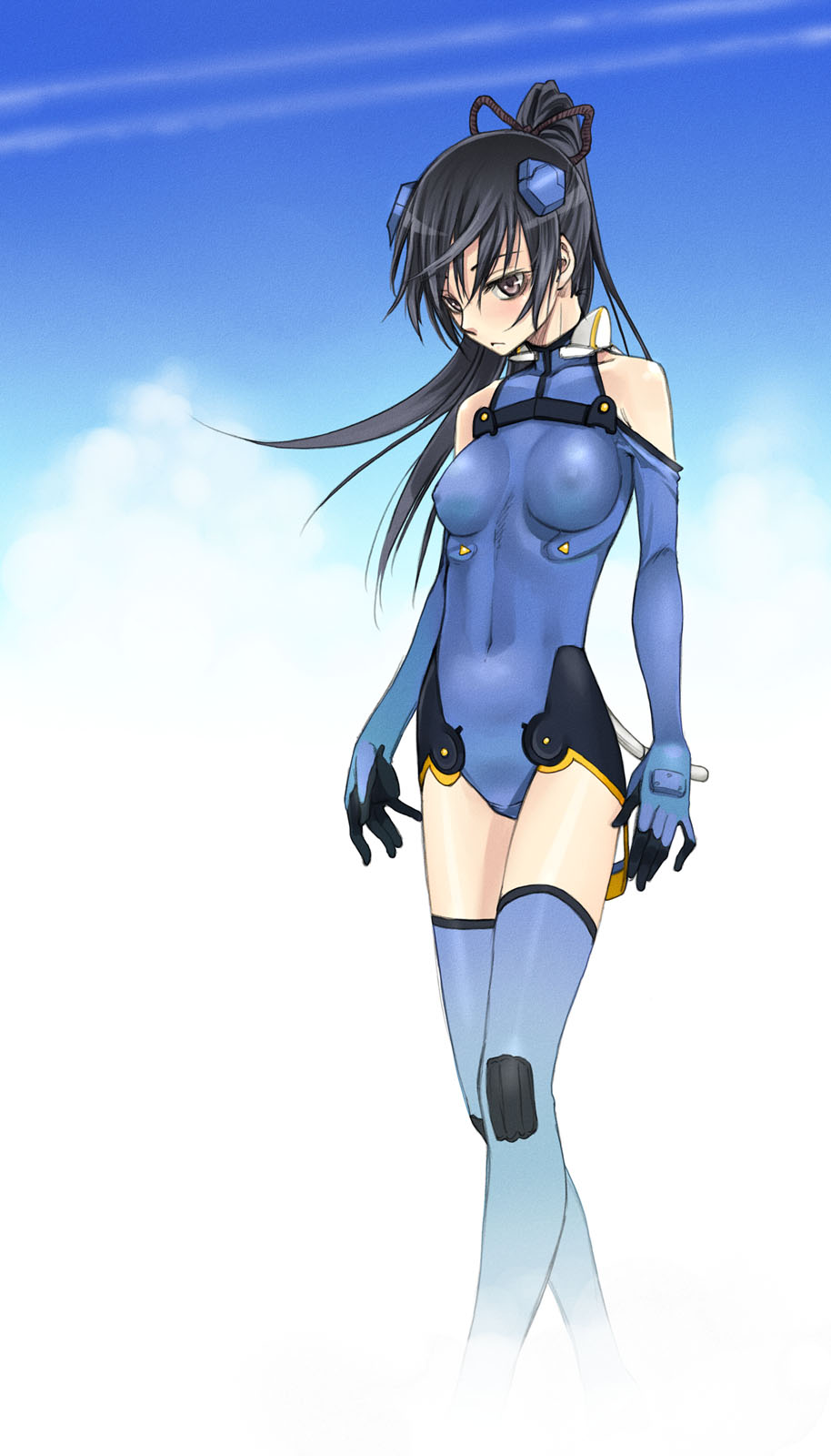 satou atsuki, ichijou eika, sky girls, pilot suit, highres, 00s, 1girl, bare shoulders, black eyes, black hair, blue thighhighs, blush, bodysuit, breasts, cloud, contrail, covered erect nipples, covered navel, day, female focus, frown, gloves, hair ribbon, halterneck, headgear, high ponytail, large breasts, leotard, long hair, long legs, looking at viewer, mecha pilot suit, motion slit, outdoors, pink eyes, ponytail, ribbon, sky, solo, standing, thighhighs, turtleneck