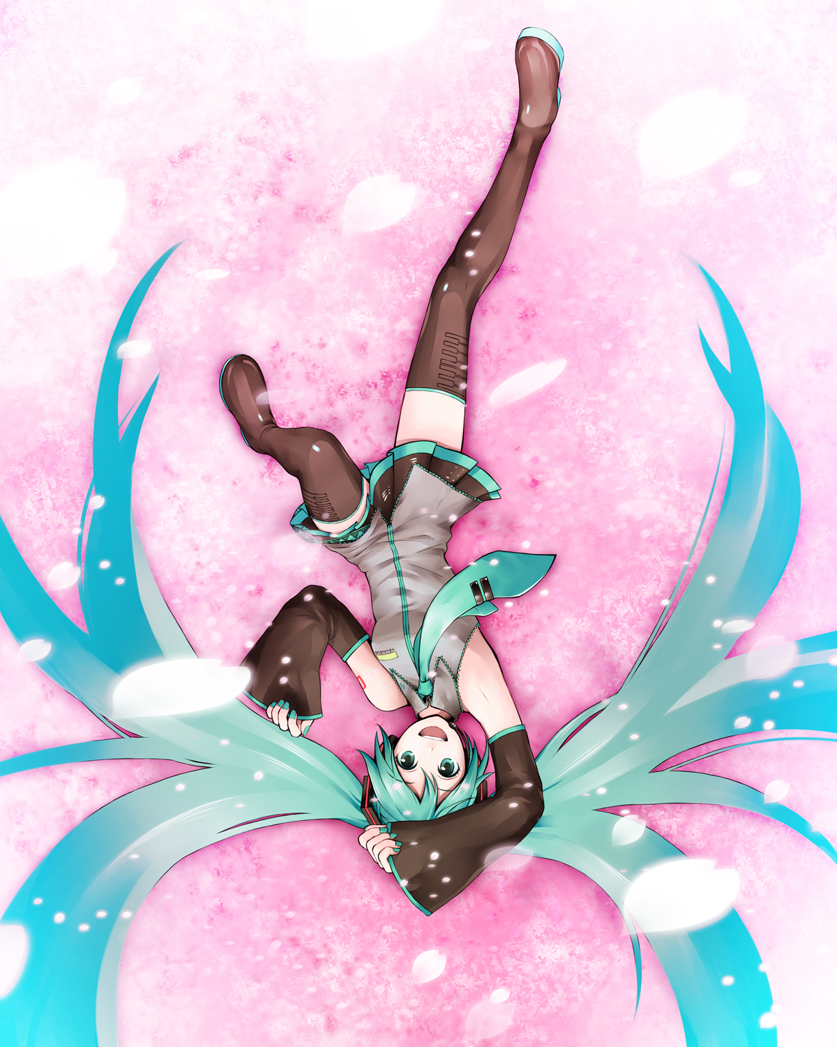 nanano ayano, hatsune miku, vocaloid, bad id, bad pixiv id, highres, aqua eyes, aqua hair, boots, detached sleeves, solo, thigh boots, thighhighs, upside-down, zettai ryouiki