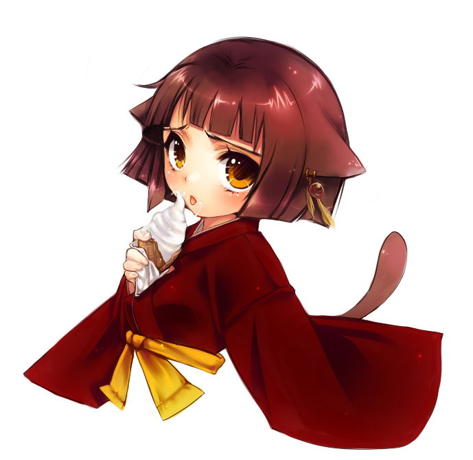 artist request, animal ears, blush, brown hair, cat ears, cat tail, food, ice cream, japanese clothes, kimono, short hair, solo, tail, yellow eyes