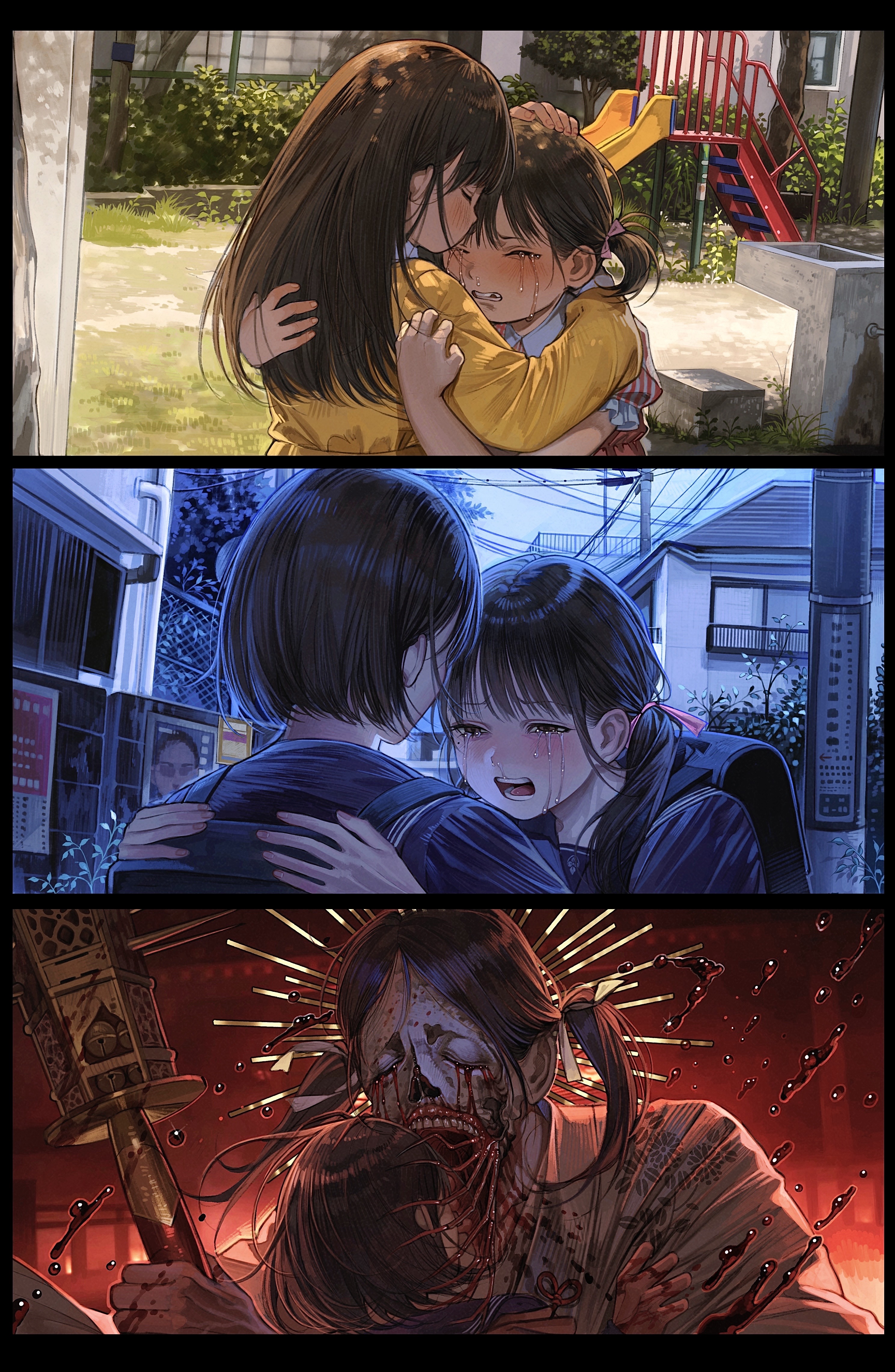 huli xiaobai, igarashi sakuko, shimizu hinako, silent hill (series), silent hill f, absurdres, chinese commentary, commentary request, highres, 2girls, aged down, backpack, bag, black bag, black sailor collar, black serafuku, black shirt, blood, blood on clothes, blood on hands, bloody tears, blush, brown eyes, brown hair, chihaya (clothing), closed eyes, collared dress, crying, crying with eyes open, dress, floral print, hair ribbon, holding, holding weapon, hug, imminent bite, japanese clothes, long hair, long sleeves, looking at another, miko, monster girl, multiple girls, open mouth, outdoors, pink ribbon, playground, ribbon, sailor collar, school uniform, serafuku, shirt, short hair, short sleeves, short twintails, slide, snot, tears, twintails, weapon, white ribbon, yellow dress