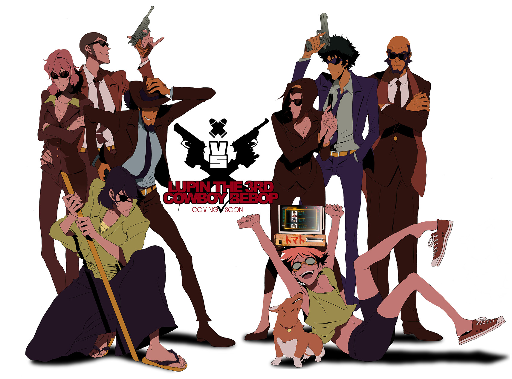 faddawdle, arsene lupin iii, edward wong hau pepelu tivrusky iv, ein (cowboy bebop), faye valentine, ishikawa goemon xiii, jet black, jigen daisuke, mine fujiko, spike spiegel, cowboy bebop, lupin iii, bad id, bad pixiv id, highres, 1990s (style), 3girls, 5boys, androgynous, beard, breasts, cleavage, crossover, dog, facial hair, fedora, formal clothes, goggles, gun, hat, jacket, japanese clothes, katana, medium breasts, multiple boys, multiple girls, object on head, pinky out, red jacket, retro artstyle, reverse trap, shirasaya, sideburns, suit, sunglasses, sword, weapon, welsh corgi