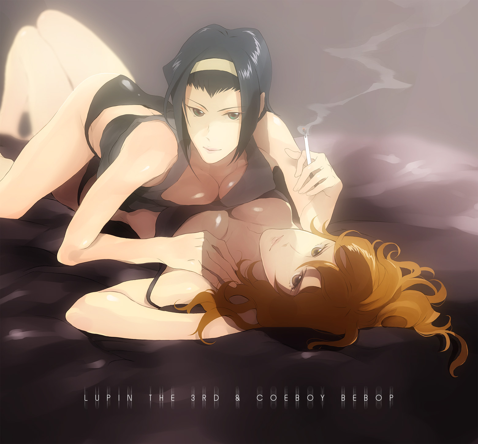faddawdle, faye valentine, mine fujiko, cowboy bebop, lupin iii, bad id, bad pixiv id, highres, 1990s (style), 2girls, artistic error, bed sheet, black hair, black panties, blurry, breast press, breasts, brown eyes, brown hair, cigarette, cleavage, copyright name, crossover, depth of field, green eyes, headband, lipstick, looking at viewer, lying, makeup, multiple girls, on back, on stomach, panties, retro artstyle, smoking, symmetrical docking, typo, underwear, yuri