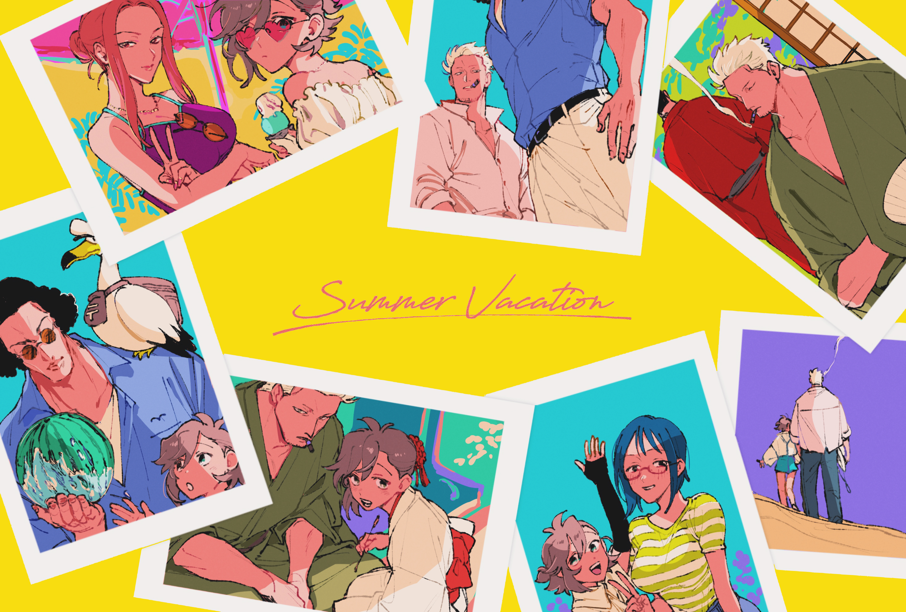 kabane (rjev8385), aokiji (one piece), hina (one piece), news coo, smoker (one piece), tashigi, one piece, character request, commentary request, highres, 3boys, 3girls, arm under breasts, arm up, arm warmers, bare arms, beach umbrella, belt, bikini, bird, black belt, black hair, blue hair, blue shirt, blue sky, breasts, cigar, cleavage, closed mouth, english text, food, frown, fruit, green kimono, green shirt, grey hair, hair bun, hair up, heart, heart-shaped eyewear, holding, holding food, holding fruit, holding ice cream cone, holding watermelon, ice cream, ice cream cone, japanese clothes, jewelry, kimono, large breasts, looking at viewer, mouth hold, multiple boys, multiple girls, multiple views, necklace, oc x canon, open mouth, over-rim eyewear, pants, parted lips, pink hair, polaroid photo, purple bikini, red-framed eyewear, red kimono, sand, seagull, semi-rimless eyewear, shirt, short hair, short sleeves, sidelocks, sky, smile, smoke, smoke trail, smoking, striped clothes, striped shirt, summer, sunglasses, swept bangs, swimsuit, three-quarter sleeves, umbrella, under-rim eyewear, v, watermelon, white hair, white kimono, white pants, white shirt, yellow background