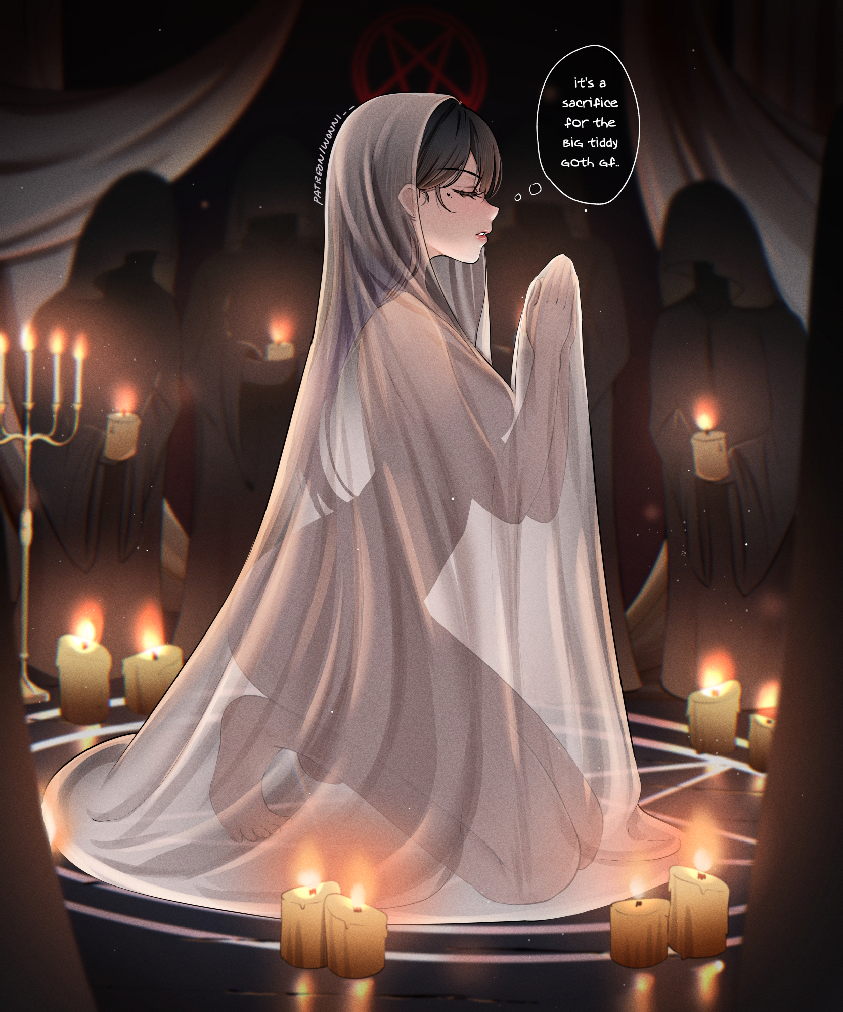 wonnikon, nabi (wonnikon), original, highres, paid reward available, 1girl, 4others, black hair, breasts, candle, cloak, closed eyes, english text, facial mark, heart, heart facial mark, hood, hooded cloak, kneeling, long hair, medium breasts, mole, mole under eye, multiple others, naked cloak, own hands together, pentagram, see-through silhouette, solo focus, speech bubble, thought bubble