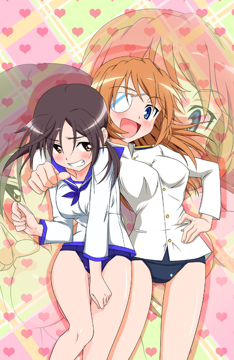 charlotte e. yeager, gertrud barkhorn, miyafuji yoshika, sakamoto mio, strike witches, world witches series, uniform, 2girls, blush, cosplay, miyafuji yoshika (cosplay), multiple girls, sakamoto mio (cosplay), zoom layer