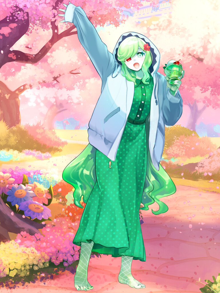 hagihiyo (hagihiyo525), dairoku ryouhei, 1girl, :d, arm up, colored skin, day, dessert, dress, flower, food, full body, green dress, green eyes, green hair, green nails, green skin, grey jacket, hair flower, hair ornament, hair over one eye, heterochromia, jacekt, jacket, long hair, long sleeves, looking at viewer, open clothes, open jacket, open mouth, outdoors, parfait, pepper tone, polka dot, polka dot dress, red eyes, red flower, smile, standing, very long hair