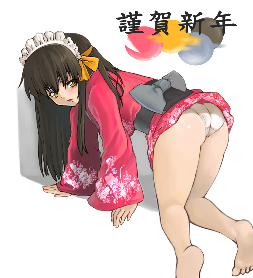 galugama, all fours, ass, barefoot, brown hair, feet, japanese clothes, kimono, new year, solo, yellow eyes
