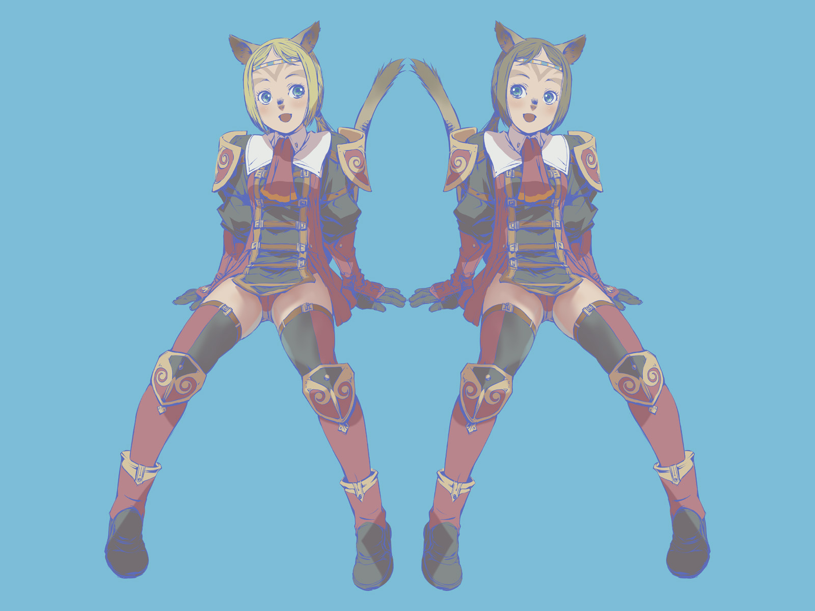 branch (blackrabbits), mithra (ff11), red mage (final fantasy), final fantasy, final fantasy xi, bad id, bad pixiv id, highres, 00s, 2girls, animal ears, blonde hair, blue eyes, brown hair, circlet, multiple girls, short hair, tail, thighhighs