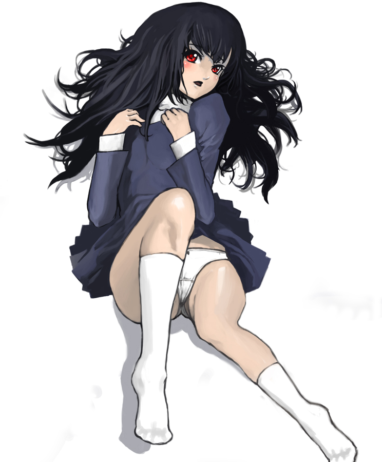 galugama, zange, kannagi, 00s, 1girl, black hair, female focus, panties, pantyshot, red eyes, socks, solo, underwear, white panties
